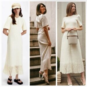 Zara Elegant Cream Midi Dress with Fringe